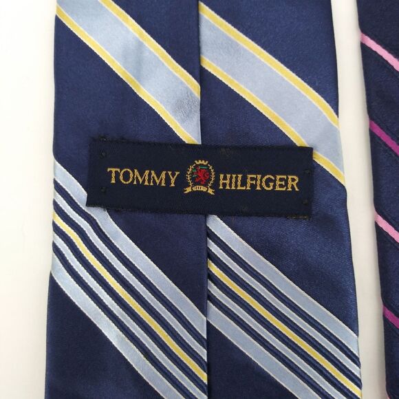 Tommy Hilfiger Mens Necktie 100% Silk Blue Gold Striped Tie - 58" x 3.75" - Picture 6 of 8